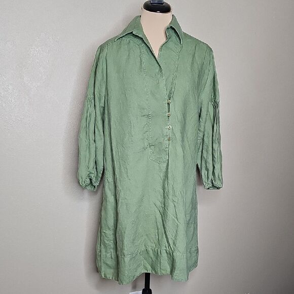 Soft Surroundings Large Linen Tunic Dress, Collar And 3/4 Sleeves Olive Green - Picture 1 of 8